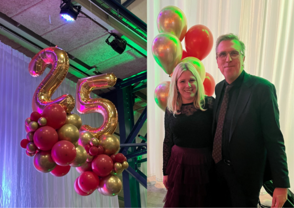 Ballonger föreställande 25 och bild på personal från Donnergymnasiet.